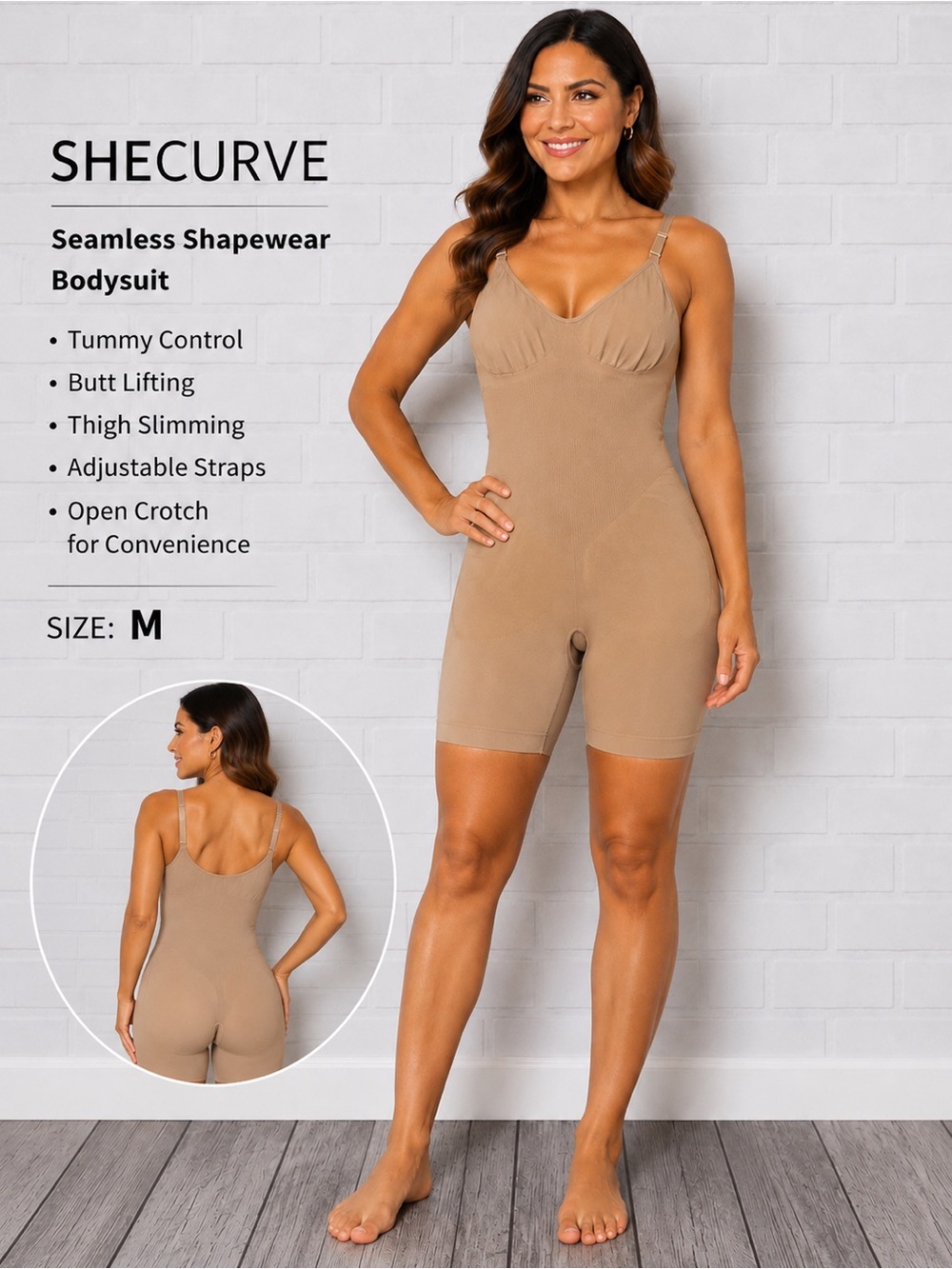 SHECURVE Seamless Full Body Shaper Bodysuit Shorts Beige Tummy Control Shapewear